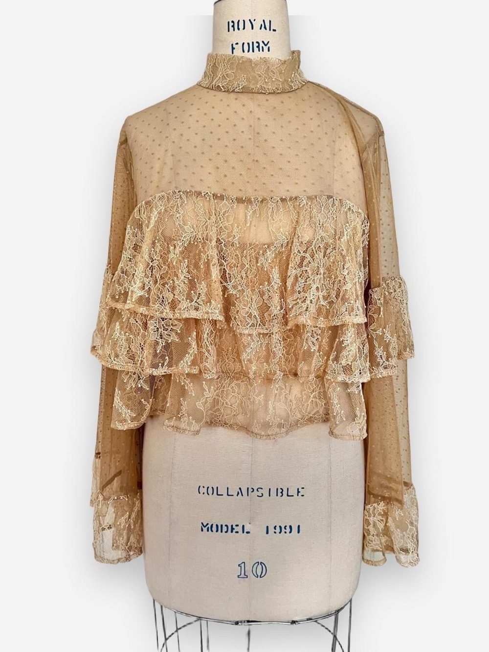 Loft Sheer Swiss Dot Tiered Ruffles Chantilly Lace Blouse Sz Medium